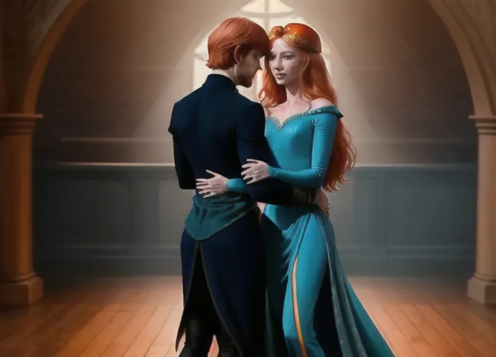 Sweet bright cheerful beautiful elegant auburn haired in a low hanging bun wide eyed Queen Anna of Arendelle portrayed by Melissa Benoist in teal and dark green velvet unveiling ceremony gown.
Arm in arm with a strong masculine debonair Marques de Sade in a white powered wig,
horror
