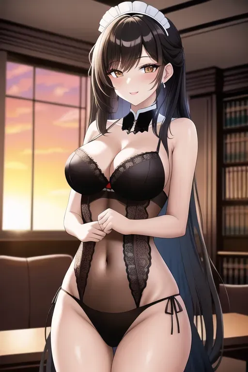 digital art, 20 year old, a maid, insanely beautiful, lingerie, black, library, sunset, studio light, happy, 8k, professional