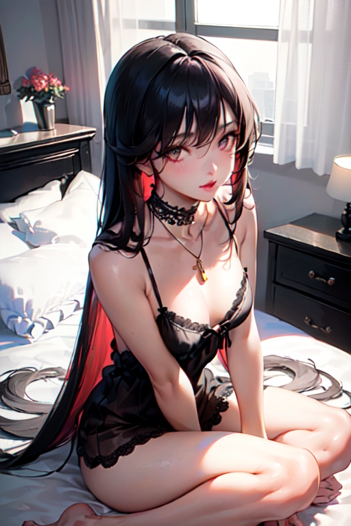 photorealistic, 8k, accurate face, (((detailed face))), (((replicate inspiration face))), full figure shot, shining eyes, female face, cute, 21 years old gorgeous, luxuriously long black hair, lipstick, bangs, small breasts, choker, necklace, pendant,
wearing tight black lace camisole, in bed room,