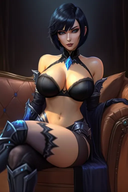 world of warcraft, human female, death knight, black bra, short black bob cut hair, big tits, large breasts, black nylon stockings, sitting on a couch, crossed legs, hands under breasts, luminous eyes, blue eyes, cold eyes, icy eyes, black high heeled sandals,