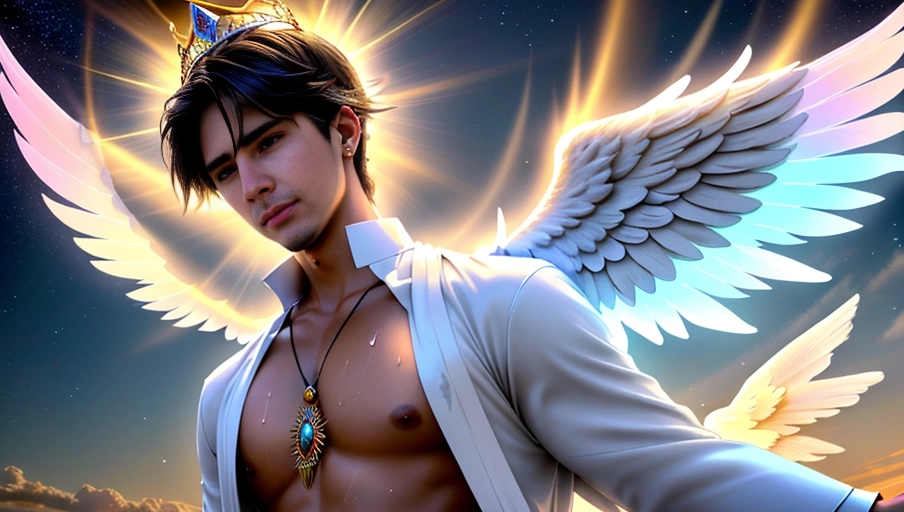 a 64k high detailed photo of body shot of straight Male HDR Professional ((In clothing))) ((Has Attire)) Godly Ultra Detailed Best Quality Most Detailed ((Angel Wings)) Angelic Lighting Love Hope Magic casting Crown Smiling Queen happy Glory Warrior Angels Angelics Positivity Happiness ecstasy enraptured sweaty saving God Royalty Morality Goodness True Good Power Force Authority Ethical Saviour Halo short Hair Always and Forever Sentimental in heat hot ultra hot best best lighting tantric Neutral Brilliant Logical Compassionate Perfect Perfection Exciting Integrity Winged Courage Purity Harmony Beauty mark on upper lip ((Male)) Ethereal Lighting Celestial Lighting (((With Clothes))) ((With God Item)) ((God Tech)) with items of power God Wings
