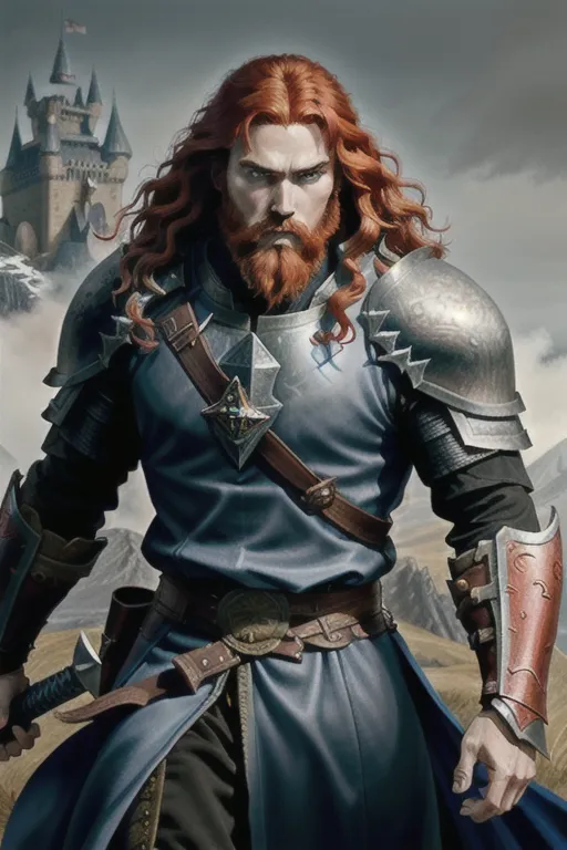 High fantasy, Berserk, a strong, warrior human, Guts, wavy red hair, pale skin, angry eyebrows, handsome blue eyes, small nose, strong cheeks, full beard, strong chin, animal skin coat, black leather armor, huge two-handed greatsword, going into battle, battle field, war in the background, castle and dragon in the far background, high definition, 4k quality, excellent lighting, great shading, pristine detail, very clear picture, accurate at lower promp guidence, ultra realistic, five fingers per hand.
