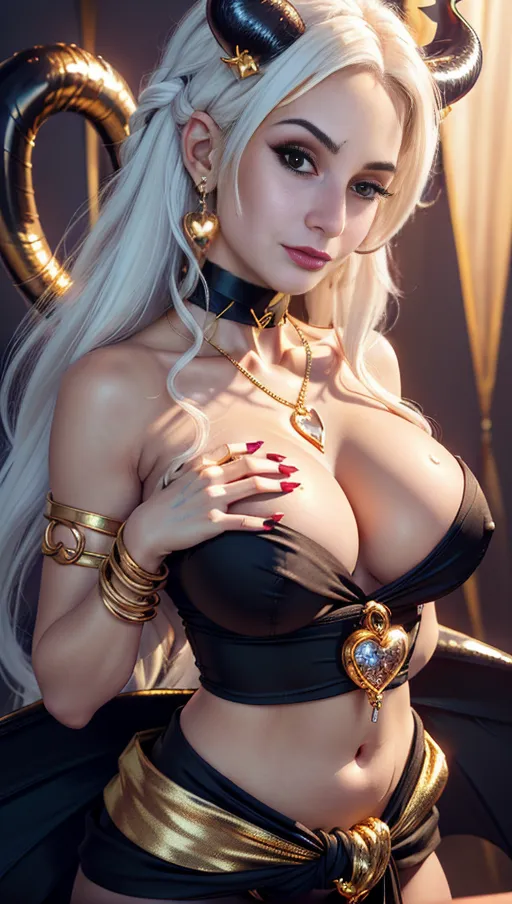 best quality, (((ultra high res))), (detailed face and eyes), hearts, perfect face, big choker, golden earrings, jewelry, ((eyes closeup)), glowing heart, golden heart necklace, big heart pasties, ((white hair)), covered by gold, golden skin, chained, ((((succubus)))), (((giant demon tail coiling around her waist)))