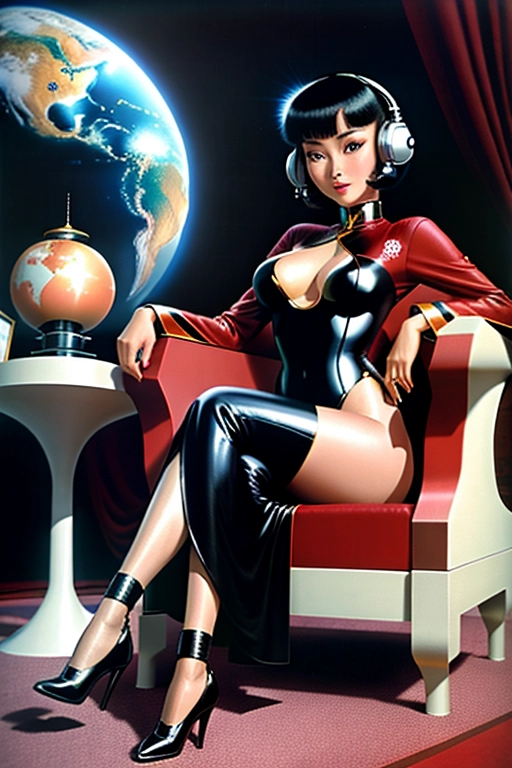 Retro-futuristic look, Anna May Wong, ((accurate face)), bobbed black hair, sitting in a comfortable armchair on an Oriental carpet, wearing a sexy leotard, Persian cat at her feet, Ming vase by her side, huge planet, futuristic building and spacecraft in background.