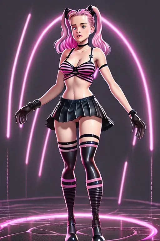 dpmg_katherine_langford_v1 full body Photorealistic anime girl standing with arms at her side wearing stretchy strappy bralette, micro skirt, wet panties, pink and black striped thigh high socks, and long milkmaid hairstyle