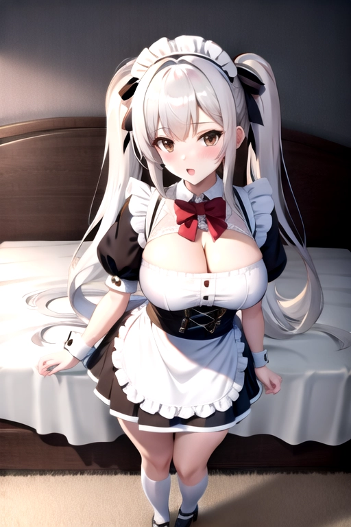 4k quality, brown eyes, pale white skin, white hair, giant breasts, cleavage, looking at viewer, pov, long hair, wavy hair, standing in bedroom, maid uniform, high heels, miniskirt, pigtails