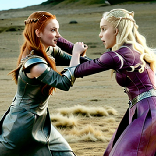 <lora:N7YxNJkNxBk_Hairpulling:0.8>
dynamic poses of brawl physical catfight between ((Sansa Stark)) and ((Daenerys Targaryen))