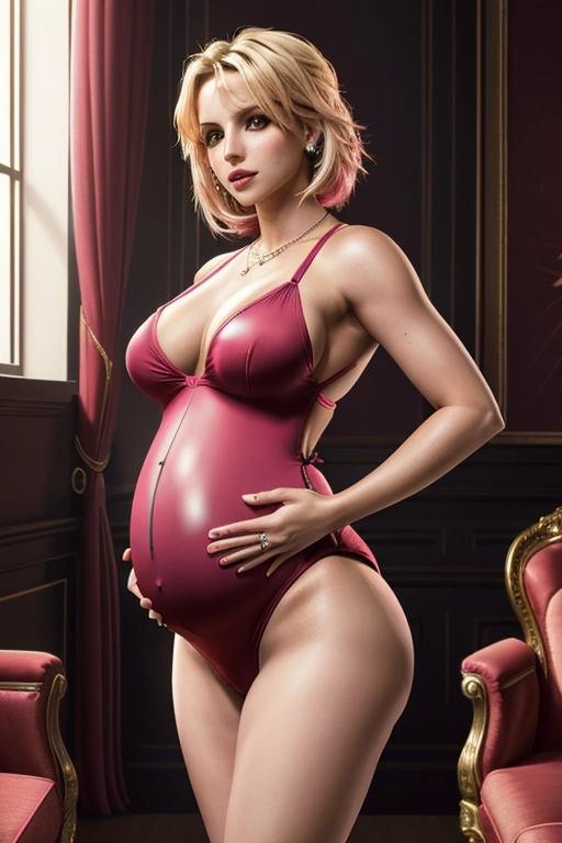 a colour painting of, Britney Spears, ((pregnant)), (((sexy high cut leotard))), standing,in an elegant drawing room, sexy pose, large breasts,five fingers per hand, short hair, charming face, long sexy legs, beautiful lips,curved eyebrows,erotic,wearing necklace,8k,artstation,ultra realistic,pixiv,studio lighting