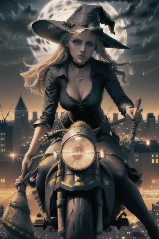 high resolution photograph, Teresa Palmer, (accurate face), detailed face, pores, very low-cut blouse, black choker, as a sexy modern day witch, (((riding a besom broom))), (((flying over the city at night))), with an aura of magical power, full moon in background