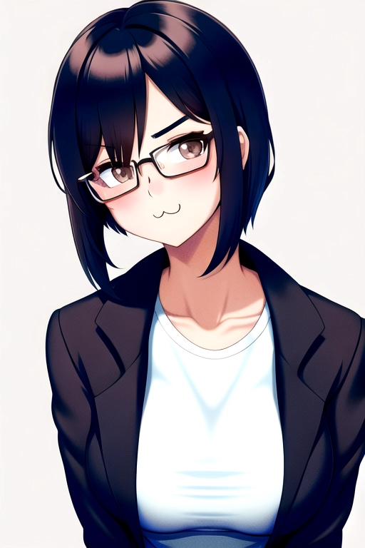 short tomboy, :3 face,glasses,medium boobs,