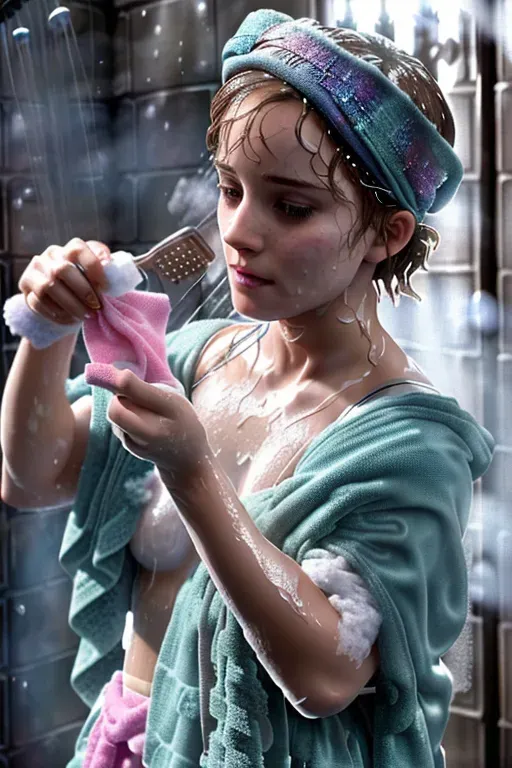 A 8k resolution photo shot of, Emma watson, (embarrassed at being caught naked while taking a shower),((covered in soap bubbles)), ((((holding a small washcloth)))),(((((in shower at hogwarts))))),((detailed hair features)),((detailed facial features)),((((looking at the camera)))),(beautiful lips),(detailed body features),(detailed arms features),textured skin,(((public scene)))