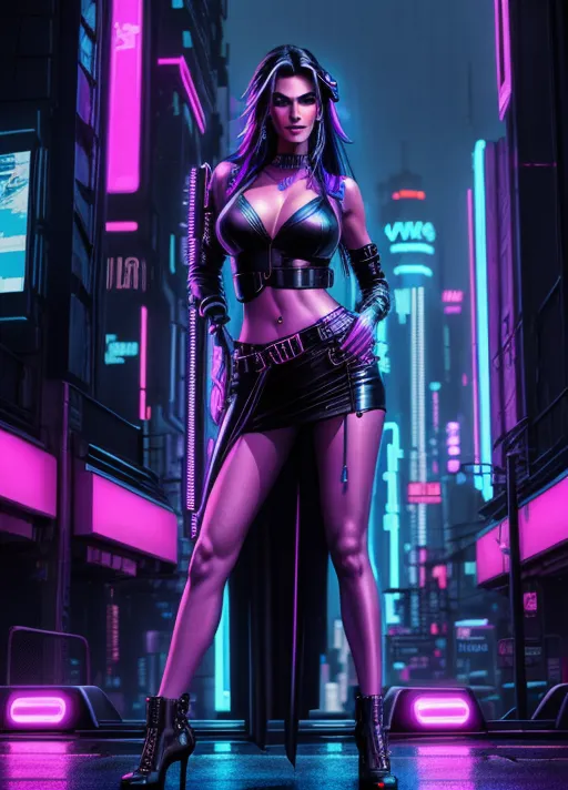 masterpiece medium full body portrait of Angie Harmon, extremely beautiful, adult, female, feminine, smiling, standing akimbo, (((detailed face))), (((waist-to-hip ratio of 0.7))), night, rain, perfect lighting, bloom, cinematic lighting, cyberpunk style,
<lora:dpmg_add_detail:0.8>
((detailed background of cyberpunk city)), sharp details, intricate details, highly detailed background, UHD, blue neon glowing, sophisticated cyberpunk city, neon effect, UHD, digital painting, 64k, hyper-realistic, neonpunk, vibes, vibrant, stunningly beautiful, crisp, detailed, sleek, ultramodern, magenta
--s 150 --v 5.1