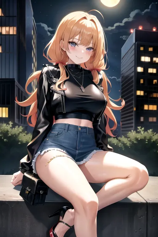 full body, strawberry blonde hair, hazel eyes, short girl, denim miniskirt, black high heels, looking at viewer, long hair, pale skin, silver necklace, black crop top, 24 years old, giant breasts, cute face, pov, wavy hair, city environment, Oklahoma City, wide eyes, erotic, skirt tug, leather jacket, nighttime, black backpack, slim body, low pigtails, sitting on wall, smiling