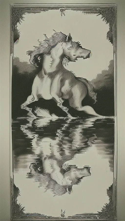 ((128k masterpiece)) (In water reflection is skull image) vintage etching style illustration of a Scottish kelpie water creature, (((Vintage line etching style))). a bestiary image of a traditional (welsh kelpie fantasy mythical creature), dynamic compositional poster art)), kelpie:1.5 water dwelling horse of sadness, ((half-horse-half-fish)) as in water reflection skeletons hands raise from water skulls in water