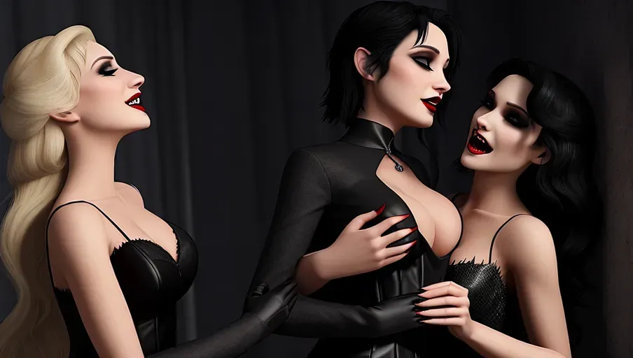 two figures in a dark and foggy goth club. An evil sexy sensual slightly taller dominant female black straight haired vampire with a wide toothy predatory smile, taking her human victim in her arms caressing sexually arching over as she bites the neck of her victim
fearful and seeking to escape, Innocent, good girl with light reddish-auburn gentle wavy hair, light make-up, good girl mid-twenties Anna of Arendelle, entranced lips agape in horror, eyes half closed in a modest elegant soft green Nordic ballgown.
photorealistic. High resolution