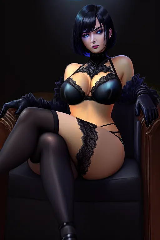 world of warcraft, human female, death knight, black lace transparent bra, short black bob cut hair, big tits, large breasts, black nylon stockings, black lace thong, black lace panties, sitting on a couch,crossed legs, viewed from above, luminous eyes, blue eyes, cold eyes, icy eyes, glowing blue eyes, black high heeled sandals,feet in black nylon stockings, dark fantasy manor background, feet in black stockings, vibrant colors, clear colors