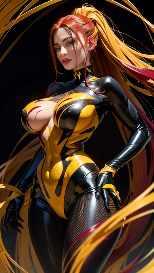 ((Burgundy red and yellow symbiote girl)), ((hair-raising symbiote)), ((burgundy red and yellow symbiote goo)), ((((burgundy red long hair with yellow strands)))), ((red and yellow symbiote goo suit)), (yellow strands), (((((symbiote goo hair))), ((((burgundy red and yellow symbiote goo body)))), huge symbiote boobs
