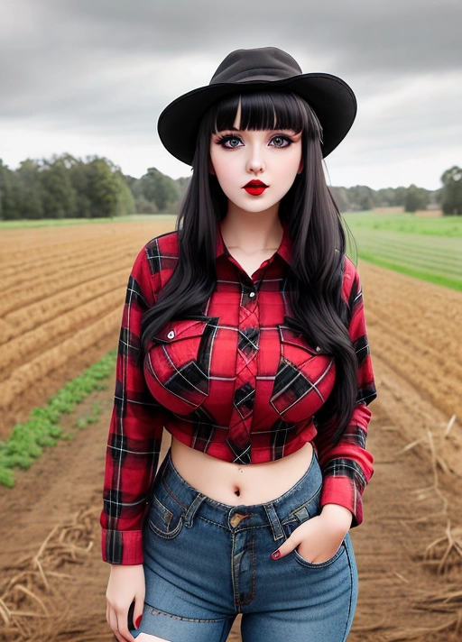 Cute girl, simple grunge makeup, pale colored eyes, black hair, bangs, plump juicy red lips, realistic face, high riding huge boobs, gigantic tits, farm girl outfit, flannel shirt, goth babe, skinny, photorealistic, best quality, ultra high resolution