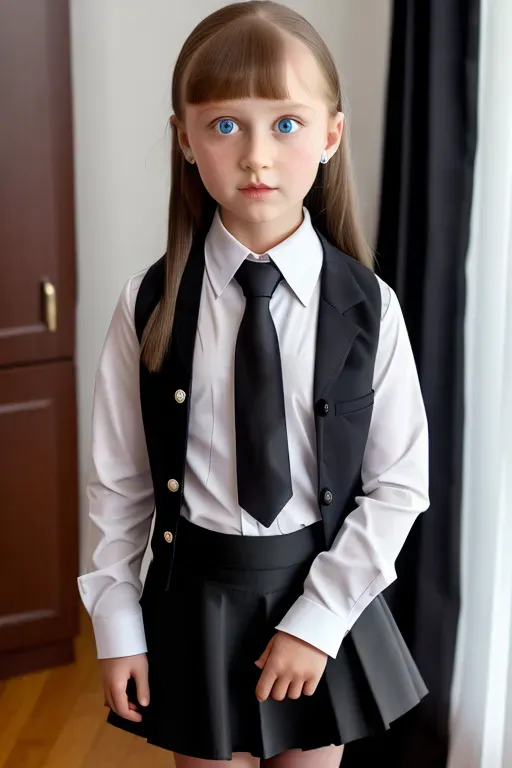 A hyper realistic photograph of a 12 year old Russian girl in black skirt and white Button shirt with a tie, whole body in frame, detailed face, realistic face