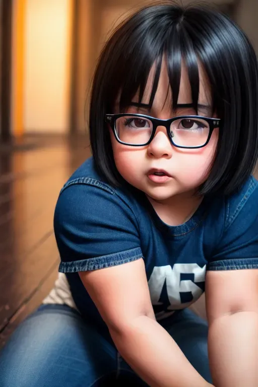 a photo of,chubby girl,shoulder-length dark hair,glasses,dark denim jeans and t-shirt,hogcuffed,lying on the floor,struggling,angry face,five fingers per hand,8k,highly detailed,unreal engine,cinematic lighting