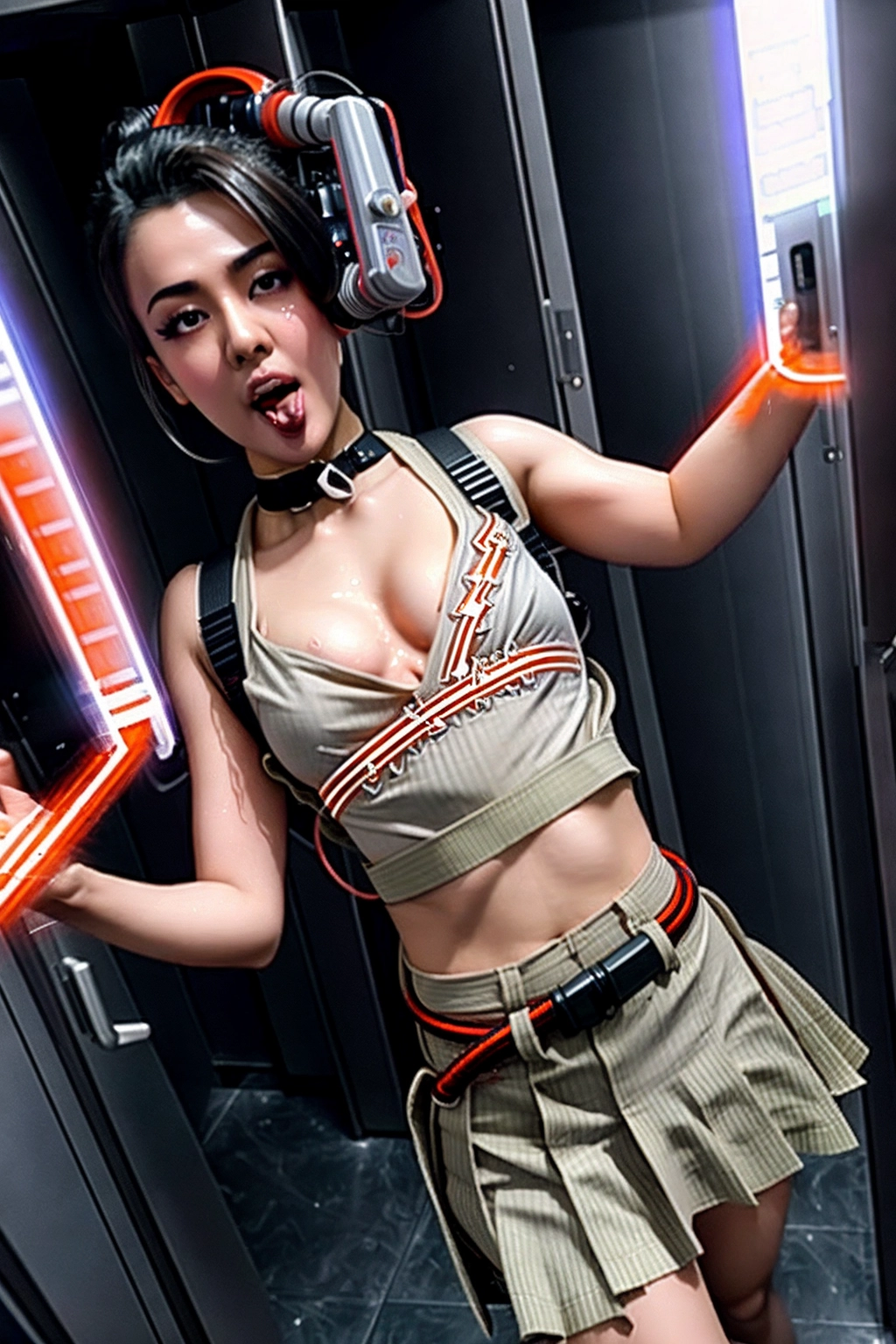 beautiful seductive girls that look like (Female Ghostbusters:1.3), short skirts, wet crop-tops with nipples visible beneath, pokies, stilettos, choker, epic light, cinematic, big eyeliner, blushing, bending over, leaning forwards, in a mens locker room, full body photo, ahegao face, tongue out, (vaginal cumshot:1.5)