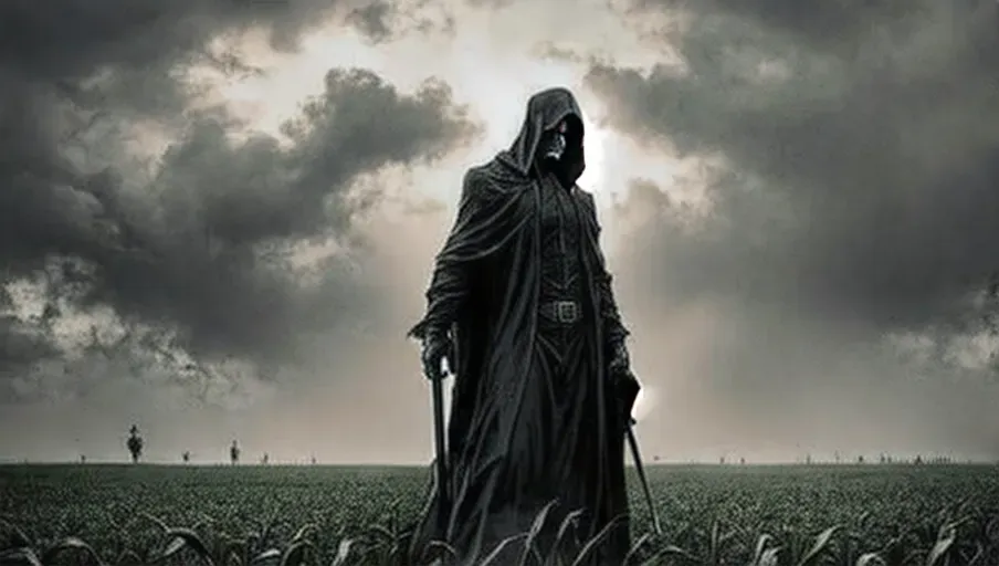 grim reaper, corn field, corn growing in the background, gloomy sky