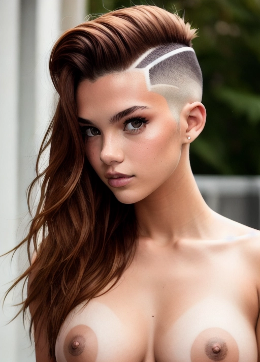 a 20 yo girl,in-love,blushed,(mid-long light brown hair), topless showing her perky medium breasts,((madison beer:0.3), (barbara palvin:0.3), (karlie kloss:0.4)),(hi-top fade:1.3),party background,desaturated background,bokeh,dark theme,soothing tones,muted colors,high contrast,(natural skin texture, hyperrealism, soft light, sharp),(close-up shot)