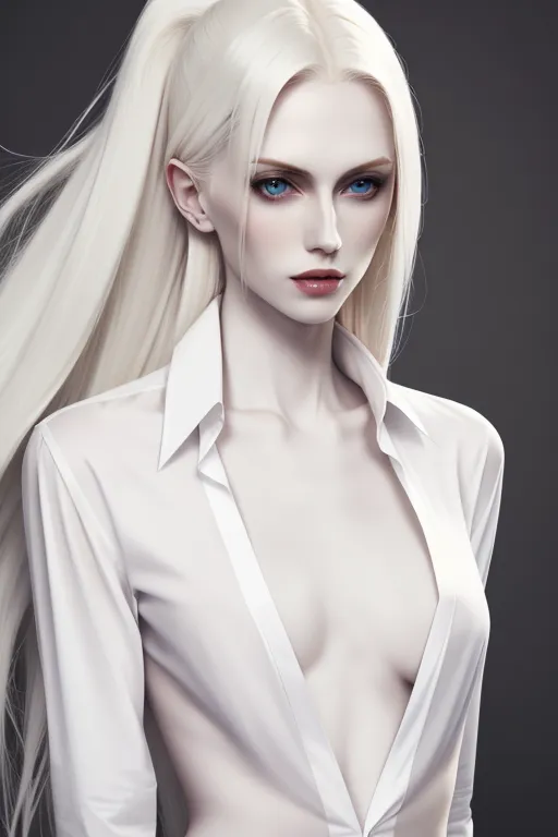 beautiful pale skinned woman, long platinum blonde hair, skinny, flat chest, ((flat chest)), wearing only an open mens shirt