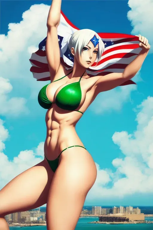 Lady Liberty, American flag bikini, One Piece anime art style, green skin,
(((five fingers per hand))),two arms, two legs,erotic,(pixiv),best quality,masterpiece,(professional lighting),realistic abs