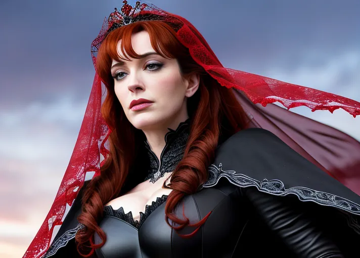 low angle set against the dark nighttime sky, Strong distinguished debonair black hared Dracula dressed in black and red prepares to claim sweet beautiful good girl auburn haired sapphire eyed hypnotized Queen Anna of Arendelle portrayed by Christina Hendricks in a black wedding gown and lace veil over her face taking her in his arms her neck arched in anticipation as his new vampire bride. photorealistic.
