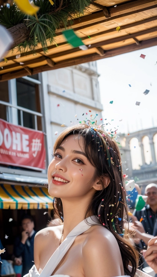 1 hot Italian woman (20) ((wearing a sexy mini silk yukata)) ((on a carnival float)) (throws ((confetti:1.4)) up in the air) on the crowd in Roma, ((laugh:1.4)), (((exposed shoulders))), highly detailed, (freckles:0.3), ((suntanned skin)), <lora:dpmg_add_detail:0.5>, perfect hands, (closed-up:1.2), bokeh, The Coliseum in background,
cinematic lighting, cinematic composition, UHD, HDR, vivid colours, (highest quality:1.8), highest resolution, (photorealist:1.72), (photorealism:1.72), (masterpiece:1.18), --s 250 --v 6