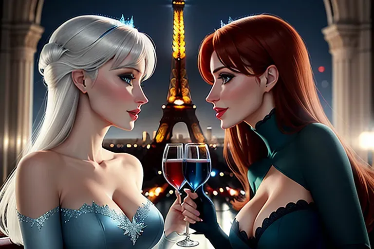two figures.
low angle shot,very low dim eerie light,
long shot, front view, night time in Paris.
innocent sweet, excited, Anna of Arendelle 37 years old, Nordic, dressed in dark green dress attire, large natural round blue eyes, long auburn hair, sweet face, warm smile, beautiful lips, soft curved eyebrows, smaller modest breasts, no glasses, no sunglasses.
With Elsa. platinum hair, blue dress,
visiting the Eiffel Tower. Drinking French wine.
Drunk and amorous. Elsa initiating kissing.
Elsa in blue, Anna in green.
five fingers per hand, ultra realistic, pixiv, unreal engine, bokeh, reduced saturation, adult