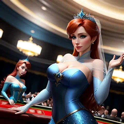 low angle shot,
Anna and Elsa in Las Vegas. gambling in a casino.
innocent sweet, Anna of Arendelle 37 years old, Nordic, dressed in green attire, large natural round blue eyes, long auburn hair, sweet face, warm smile, soft curved eyebrows, smaller modest breasts.
Elsa of Arendelle 40, slightly taller than Anna. dressed in elegant blue clothing.
five fingers per hand, ultra realistic, unreal engine, reduced saturation, adult
