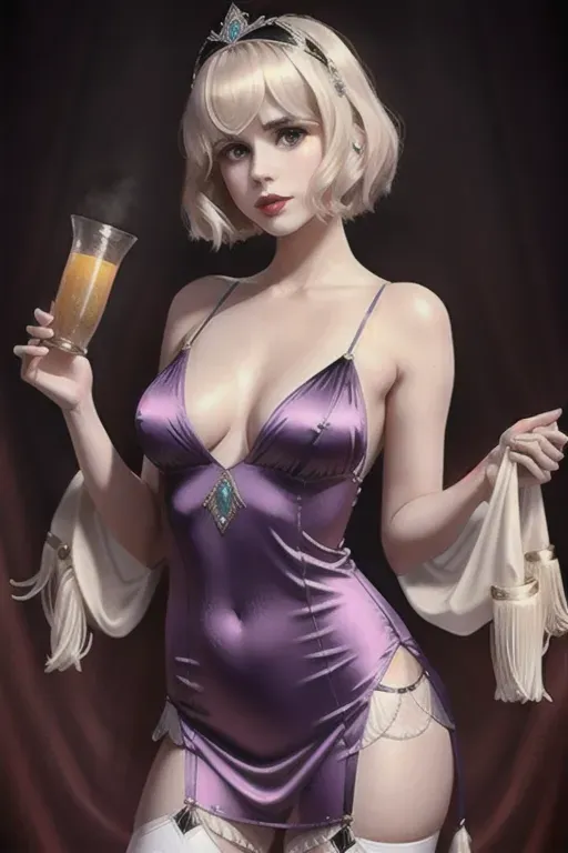 Carlson young , as a 1920s flapper , pale skin, wearing a flapper outfit, small breasts
