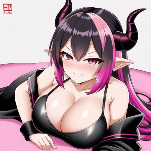 Dragin horns, Dragon girl, black dress, pink hair, multicolored hair, smug face, showing cleavage, pink eyes, living room background, teasing with boobs