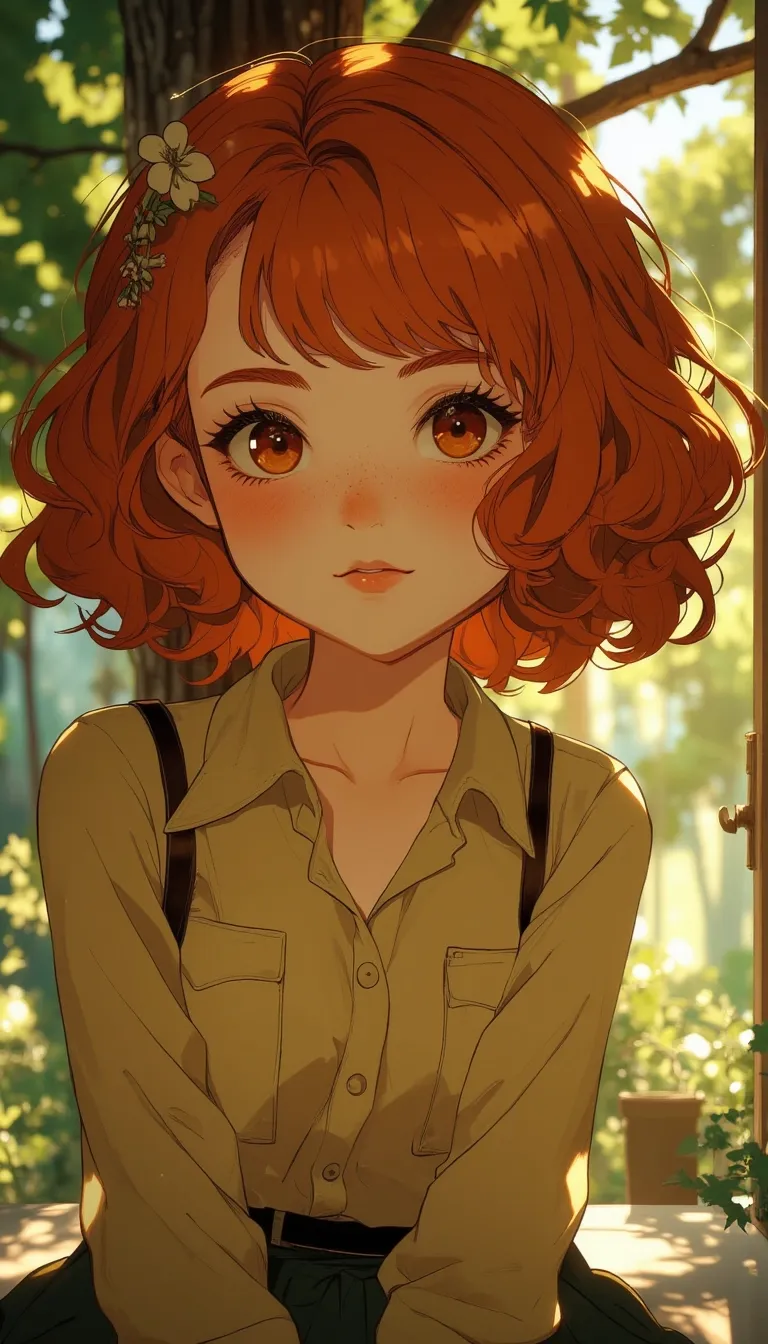 Anime style.
a kawaii redhead girl with freckles looking at the camera. cute face, She has big red almond eyes and is looking at the camera. in the background there is a tree.