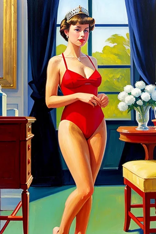 A full-length painting in the style of Edward Hopper of a young Queen Elizabeth II in a bathing suit