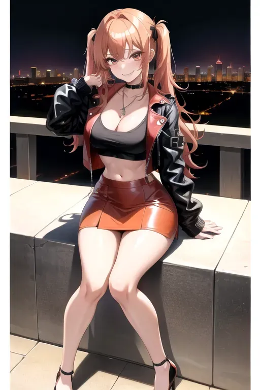full body, strawberry blonde hair, brown eyes, short girl, red miniskirt, black high heels, looking at viewer, long hair, pale skin, silver necklace, black crop top, 24 years old, giant breasts, cute face, pov, wavy hair, city environment, Oklahoma City, wide eyes, erotic, skirt tug, leather jacket, nighttime, black backpack, slim body, low pigtails, sitting on wall, smiling, cleavage