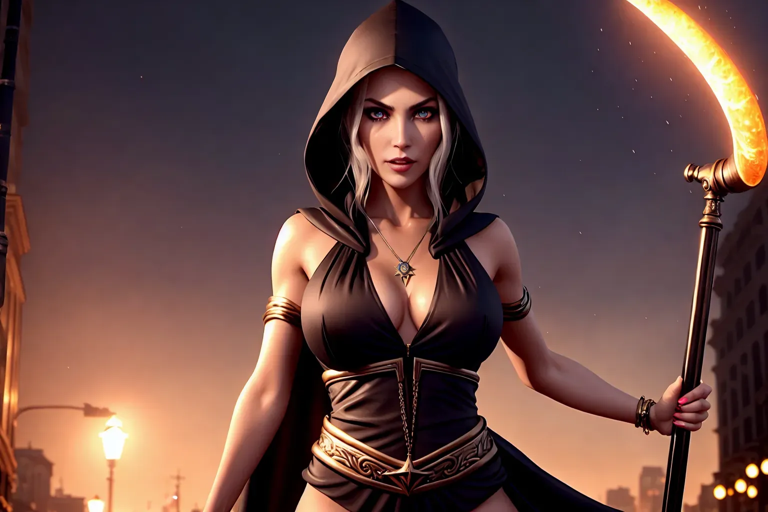 a concept art wide shot of (Emily Hampshire)(completely accurate face)(glaring eyes), (sadistic malicious facial expression), full body, under a streetlight on an city street at midnight(levitating off the ground), (slutty Sorceress Witch Mage),(wearing Long greek toga Sorceress hooded gown)(sash)(dark Magic)(pale skin)(casting love spell),(skinny slender athletic physique)(wind swept)(wispy hair tendrils sides), (very tiny perky breasts), five slender fingers,beautiful face,beautiful lips,detailed large eyes,curved eyebrows,cgsociety,natural lighting,professional,editorial, (oily skin glistening)(bokeh)