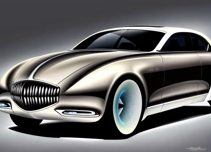 A rendering in airbrush, marker, and colored pencil, of the (full body view) of a sleek sedan concept car styled after cars of the 1940's