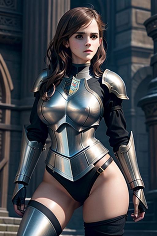 Emma Watson, knight, no helmet, in skin tight armor, sexy,hyper realistic, sexy pose,big thighs,realistic face, show legs,cleric,busty,huge breasts,muscular,skinny waist,wide hips,metal arm,bbw
