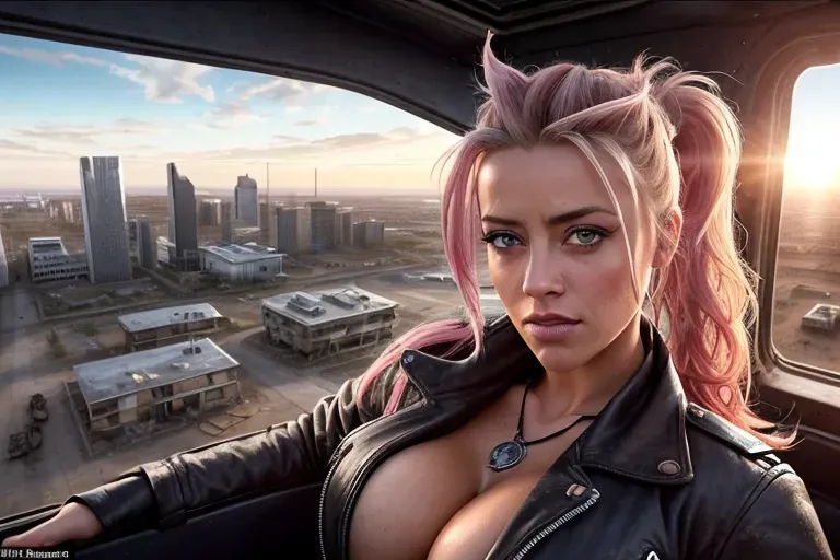 In a desolate post-apocalyptic wasteland, depict a smiling and resilient female hero, modeled on Amber Heard as a schoolgirl, big breasts, cleavage, standing atop a crumbling skyscraper, clad in a tartan school uniform, pink ponytails, wielding a gleaming energy blade, with a backdrop of a blood-red sky and remnants of a devastated cityscape, insane ultra realistic, insane photoreal, insane high overall quality, insane high overall details, insane high overall resolution, insane high overall sharpness, insane high overall texture quality, insane high overall perfection, insane realistic skin pores, insane realistic hair movement, both eyes are the same, both eyes are the same colour, detailed realistic 8k skin diffusion, insane detailed sharp focus, detailed perfect face, detailed perfect body, detailed perfect (( radiant tanned skin)), insane high detailed scene, insane high detailed background, bokeh, depth of field, strong subsurface scattering, atmospheric, soft lighting, , 8K HDR, DSLR, highly raytraced))