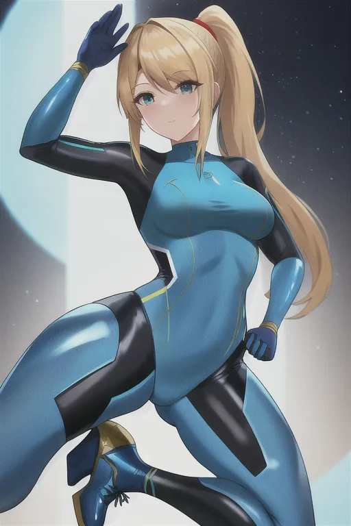 uhd, best quality, 1girl, samus aran, blonde hair, ponytail, blue bodysuit, tight clothes, sci-fi- heels,