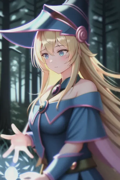 dark magician girl, mksks style, (very detailed background:1.0), (highly detailed background:1.0), masterpiece, best quality, (1girl), solo, (forest), long hair, blonde hair, blue headwear, wizard hat, spell casting, nature, trees:1.2, motion blur, magic, (moonlight:1.2), chromatic aberration, depth of field, soft lighting, highly detailed face, highly detailed eyes, <lora:dpmg_dark_magician:0.6>