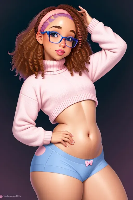 Disney mixed girl, short light brown wavy hair, pink head band, glasses, blue eyes, full lips, full cheeks, large waist length blue sweater, slight tummy,, freckles and moles, pink panties, full thighs, round butt, looking at me provocatively.