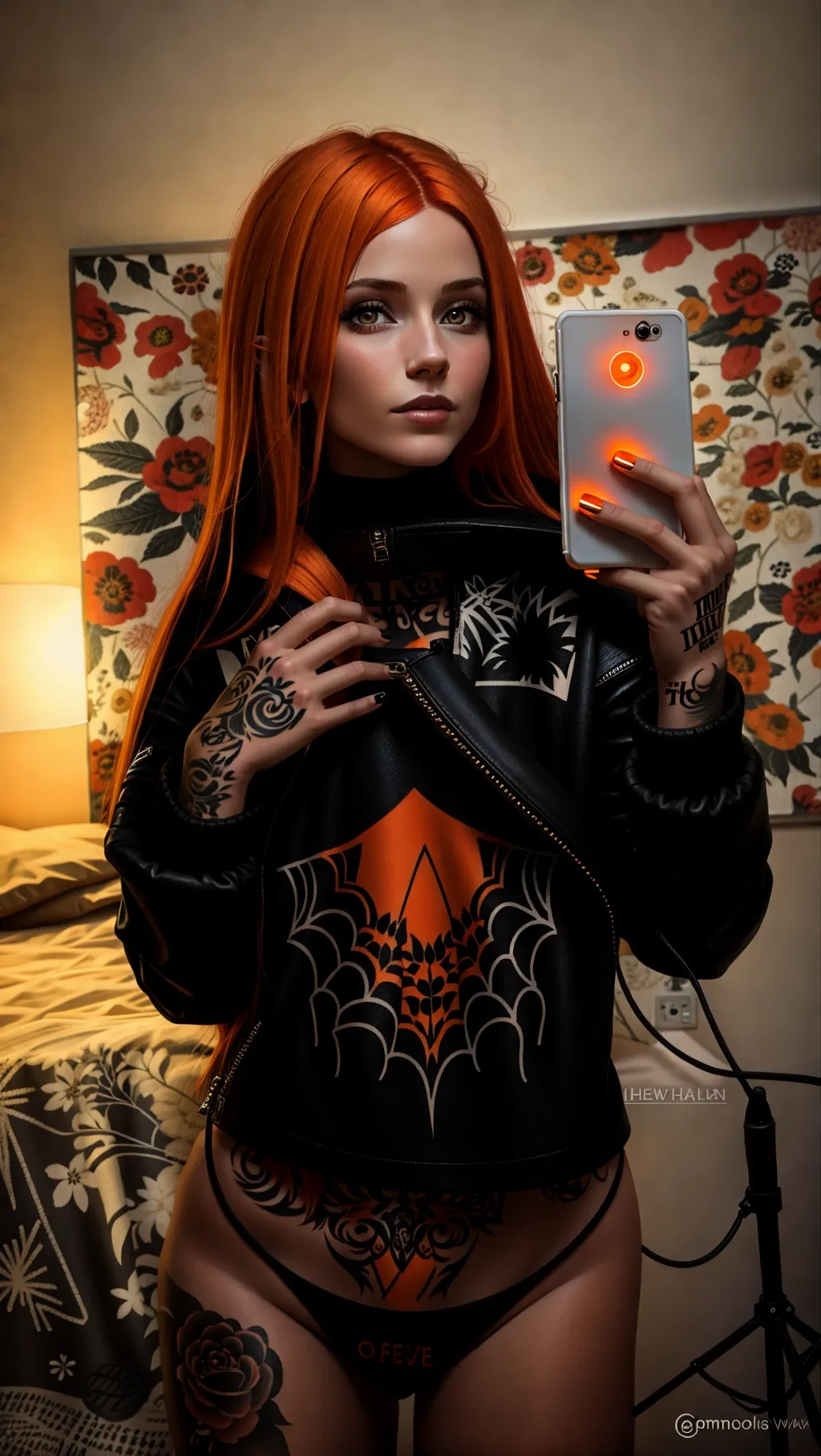 Girl with orange hair. Looking over her shoulder. She is wearing a black furry jacket. She has on only a thong. She has tattoos. She is in her bedroom which is lit up by warm light from outside.