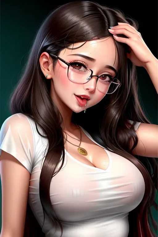 she is drooling, lots of saliva, tongue, wet, cute glasses