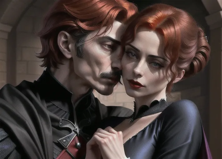 an older distinguished short black-haired masculine Dracula with very high collared cape, embracing Sweet innocent beautiful elegant auburn haired in a low bun Queen Anna of Arendelle in green portrayed by Willa Holland deeply hypnotized and enthralled, fingering recent hickey on her neck from behind kissing her neck. PHOTOREALISTIC.