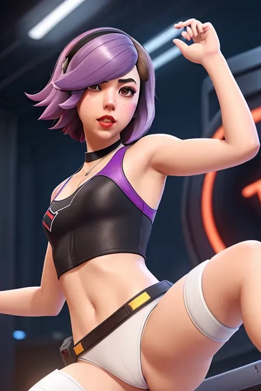 CG Digital art of,young aubrey plaza in overwatch style, wearing a white bikini, five fingers per hand,purple hair,pale skin,charming face,beautiful red lips,detailed large eyes, blushed cheeks, petite girl body,small frame flat chest, small chest, smiling, curved eyebrows,curved eyelid, smooth skin, full body view, turning back to camera, butt view