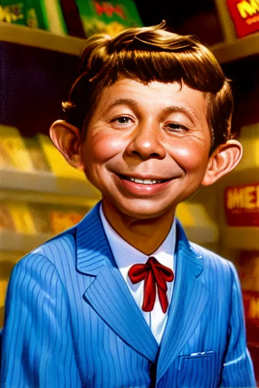 A high resolution medium photo of, Alfred E Newman, Brown hair, reading a mad magazine, in a comics store, looking at the camera